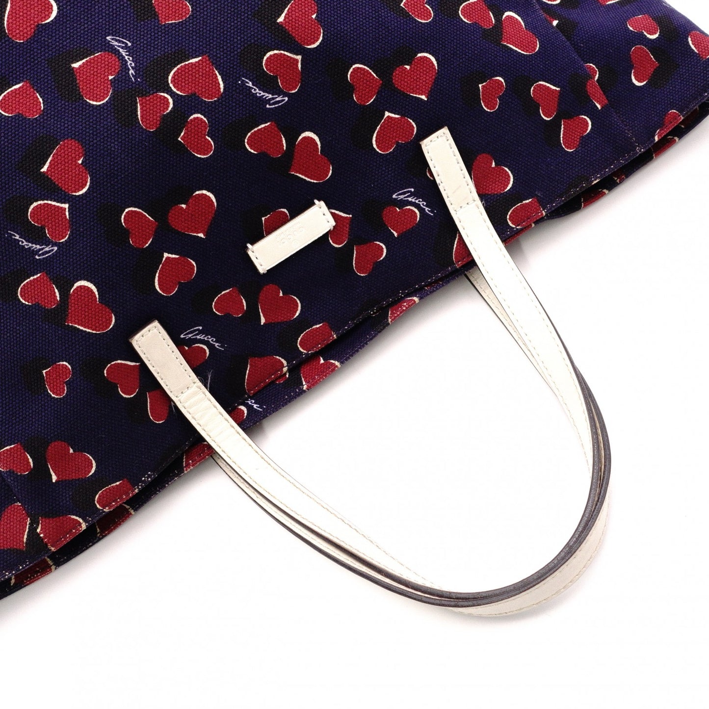 GUCCI Heartbeat Tote Bag, Canvas and Leather, Navy, Heart-Patterned Shoulder Bag