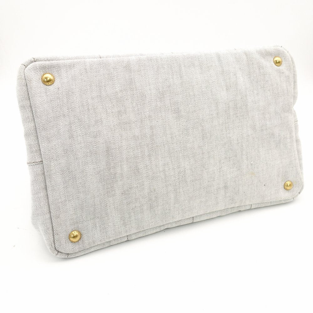 PRADA Canapa Tote Canvas Medium Handbag Gray Denim 2-Way Shoulder 7-11-277