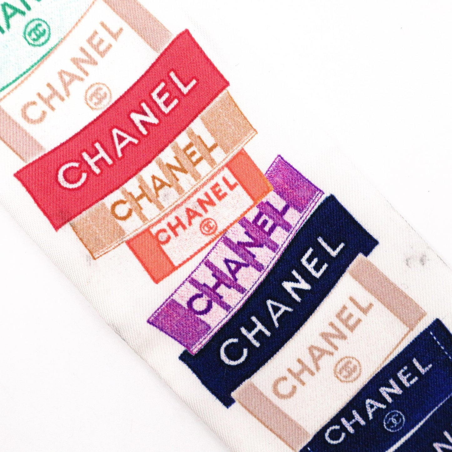 CHANEL Twilly Scarf, Silk, Multicolor, White, Logo