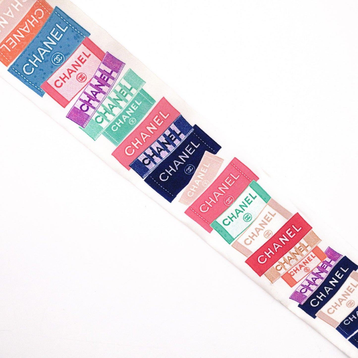 CHANEL Twilly Scarf, Silk, Multicolor, White, Logo