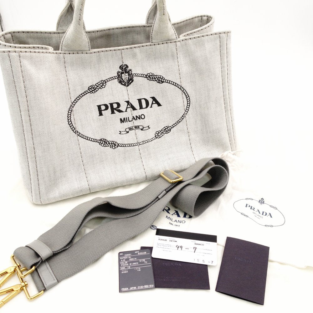 PRADA Canapa Tote Canvas Medium Handbag Gray Denim 2-Way Shoulder 7-11-277