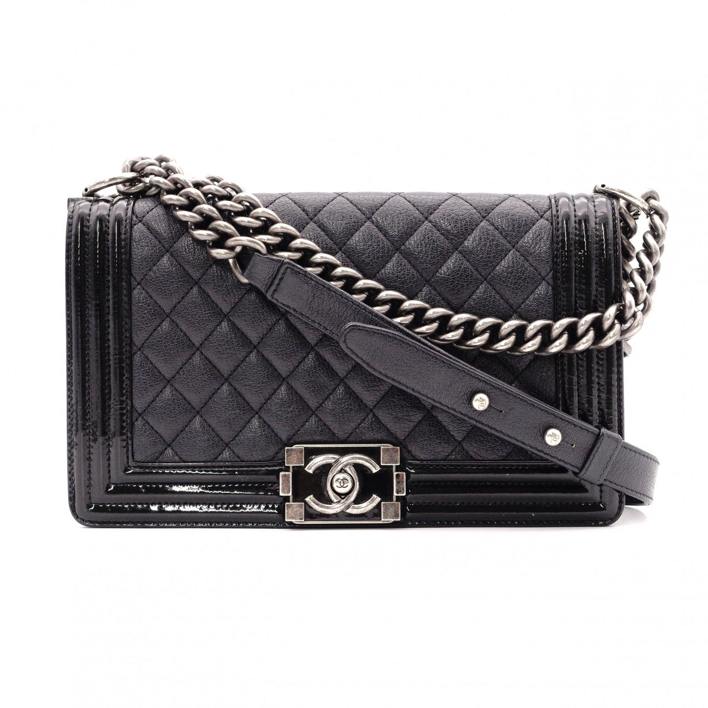 CHANEL Matelassé Boy Chanel Shoulder Bag, Leather, Black, Crossbody