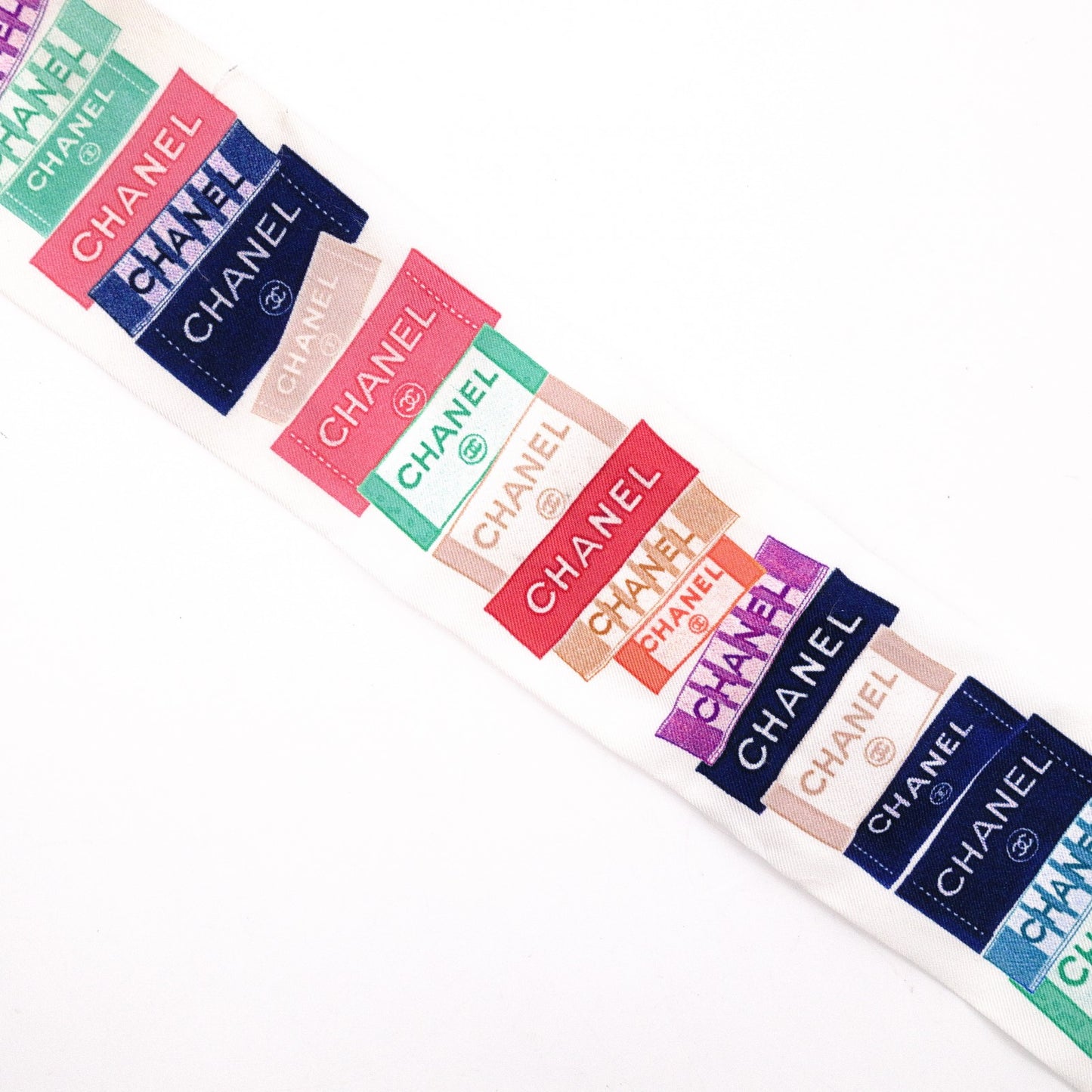 CHANEL Twilly Scarf, Silk, Multicolor, White, Logo