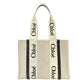 Chloe Woody Medium Tote Canvas Shoulder Bag Beige × Navy Leather 7-10-1054