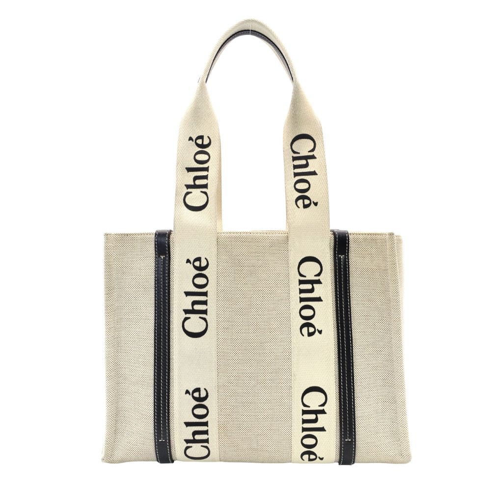 Chloe Woody Medium Tote Canvas Shoulder Bag Beige × Navy Leather 7-10-1054