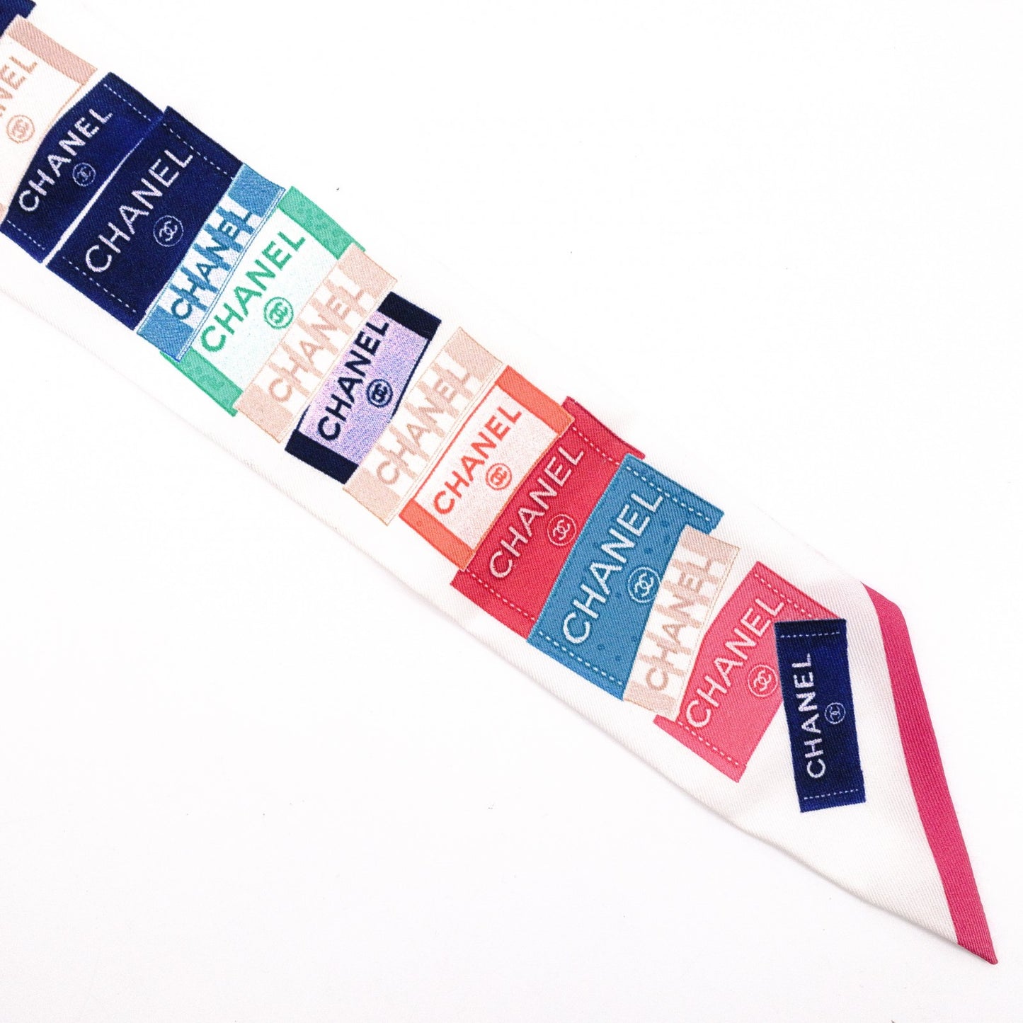 CHANEL Twilly Scarf, Silk, Multicolor, White, Logo