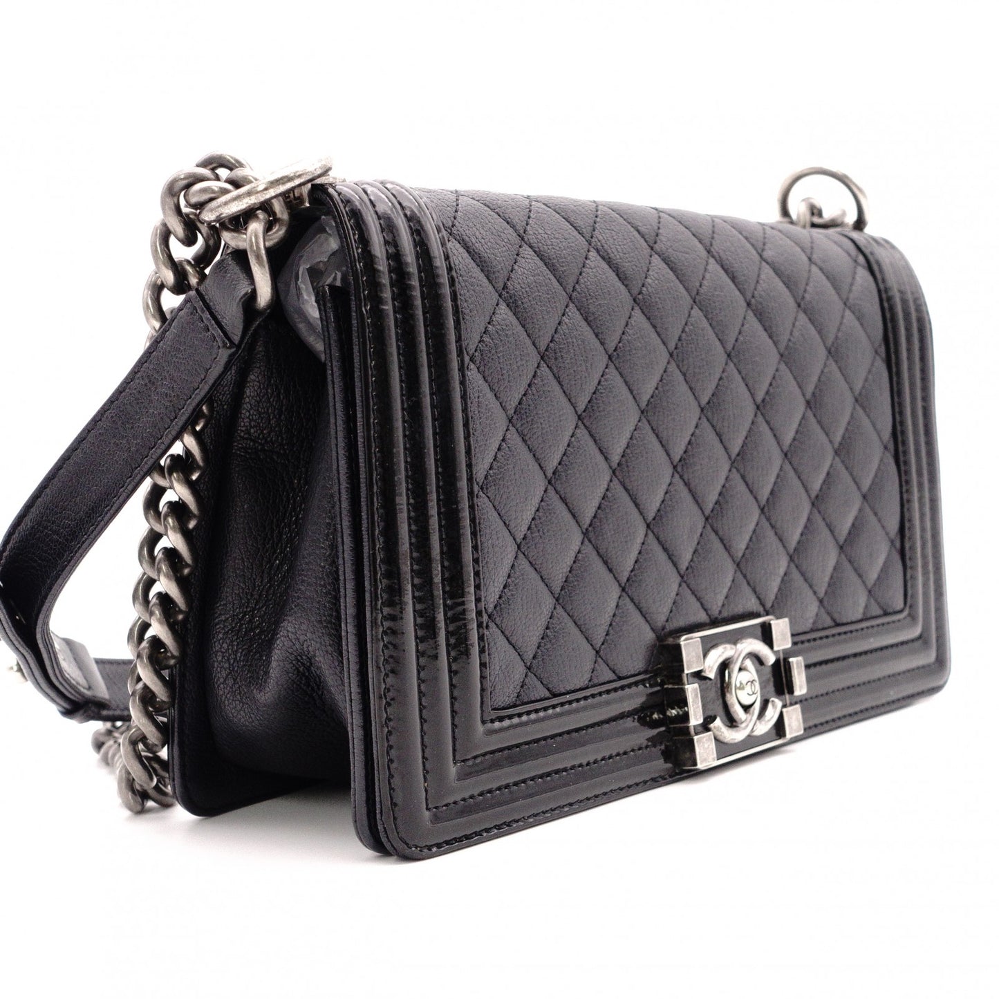 CHANEL Matelassé Boy Chanel Shoulder Bag, Leather, Black, Crossbody