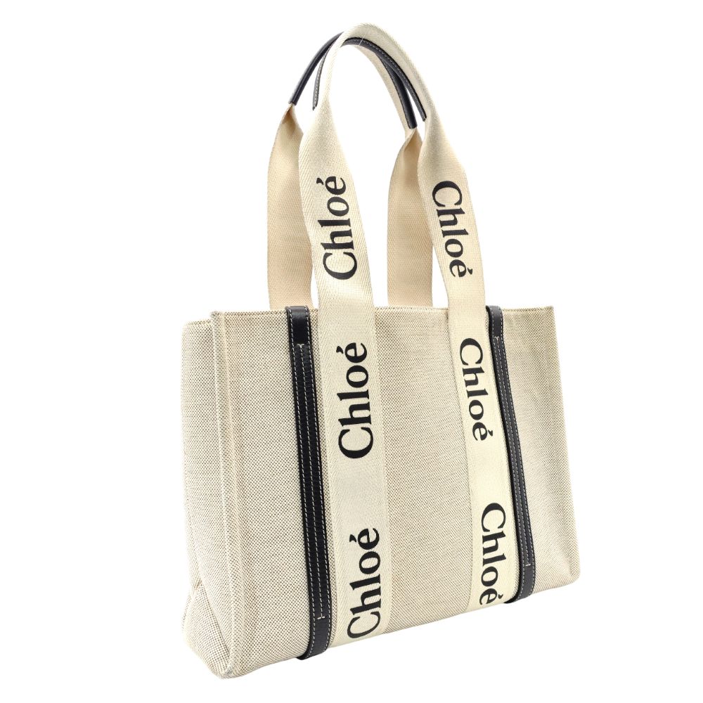 Chloe Woody Medium Tote Canvas Shoulder Bag Beige × Navy Leather 7-10-1054