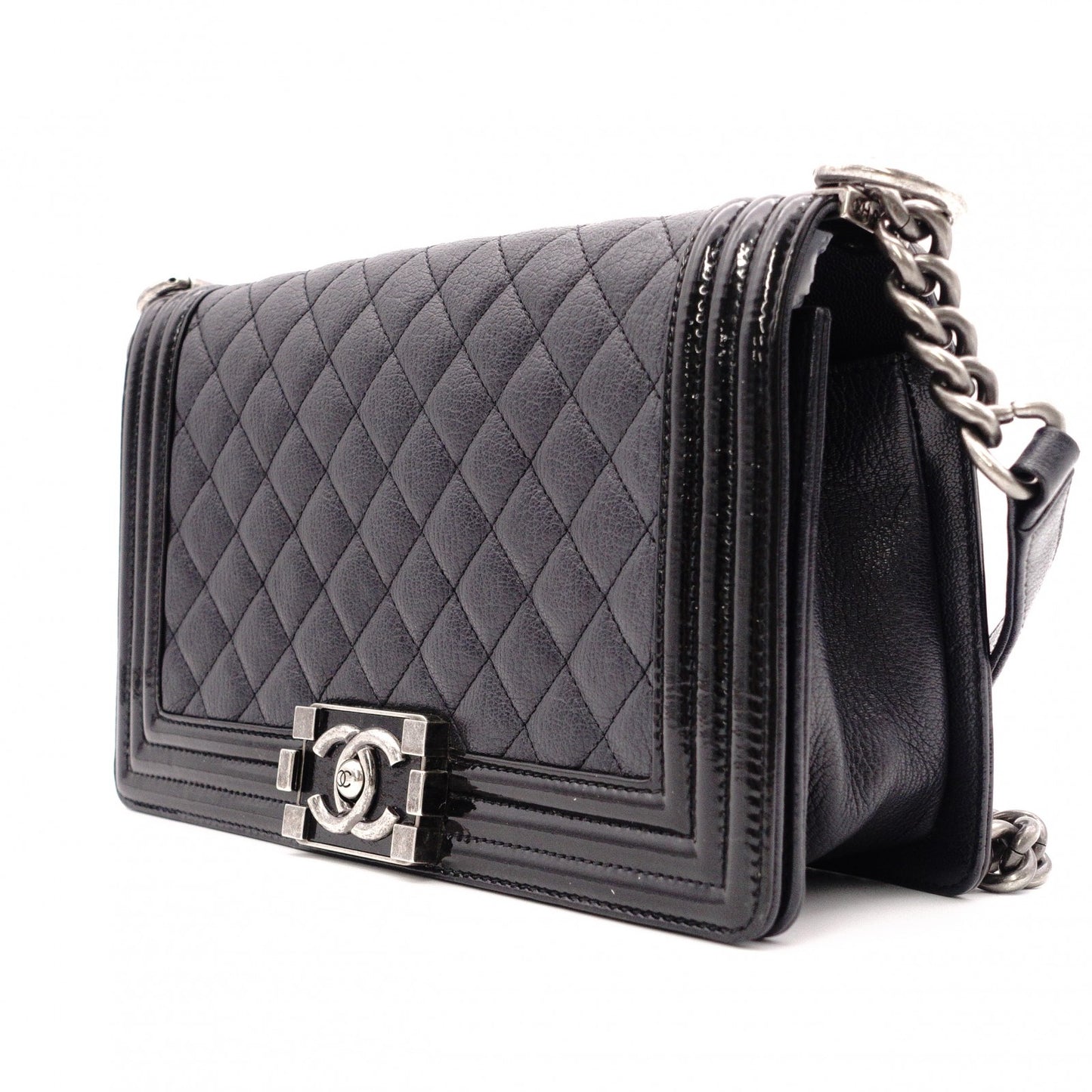 CHANEL Matelassé Boy Chanel Shoulder Bag, Leather, Black, Crossbody