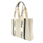 Chloe Woody Medium Tote Canvas Shoulder Bag Beige × Navy Leather 7-10-1054