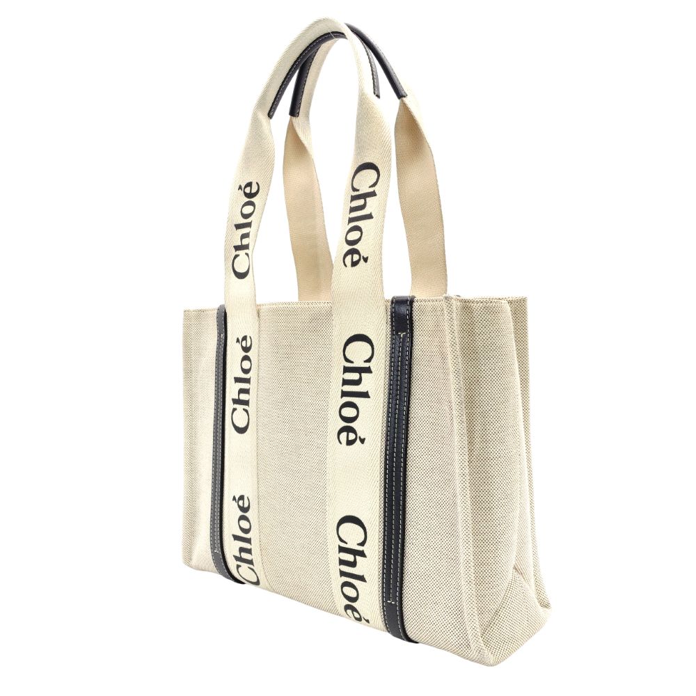 Chloe Woody Medium Tote Canvas Shoulder Bag Beige × Navy Leather 7-10-1054
