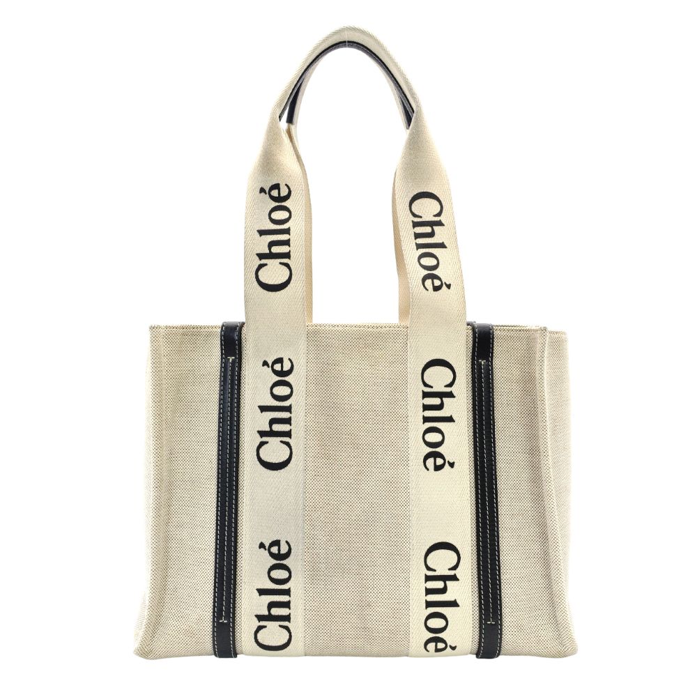 Chloe Woody Medium Tote Canvas Shoulder Bag Beige × Navy Leather 7-10-1054