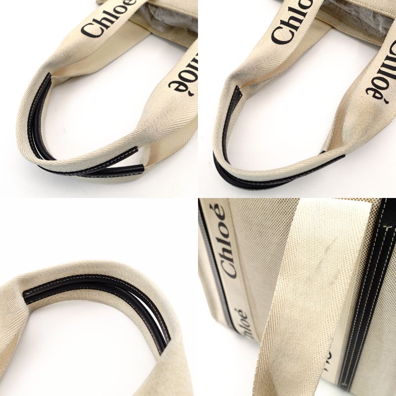 Chloe Woody Medium Tote Canvas Shoulder Bag Beige × Navy Leather 7-10-1054