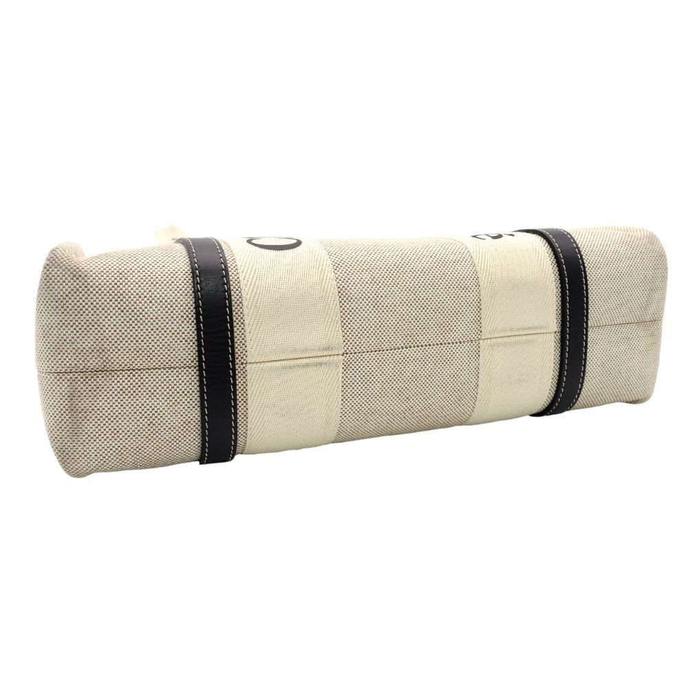 Chloe Woody Medium Tote Canvas Shoulder Bag Beige × Navy Leather 7-10-1054