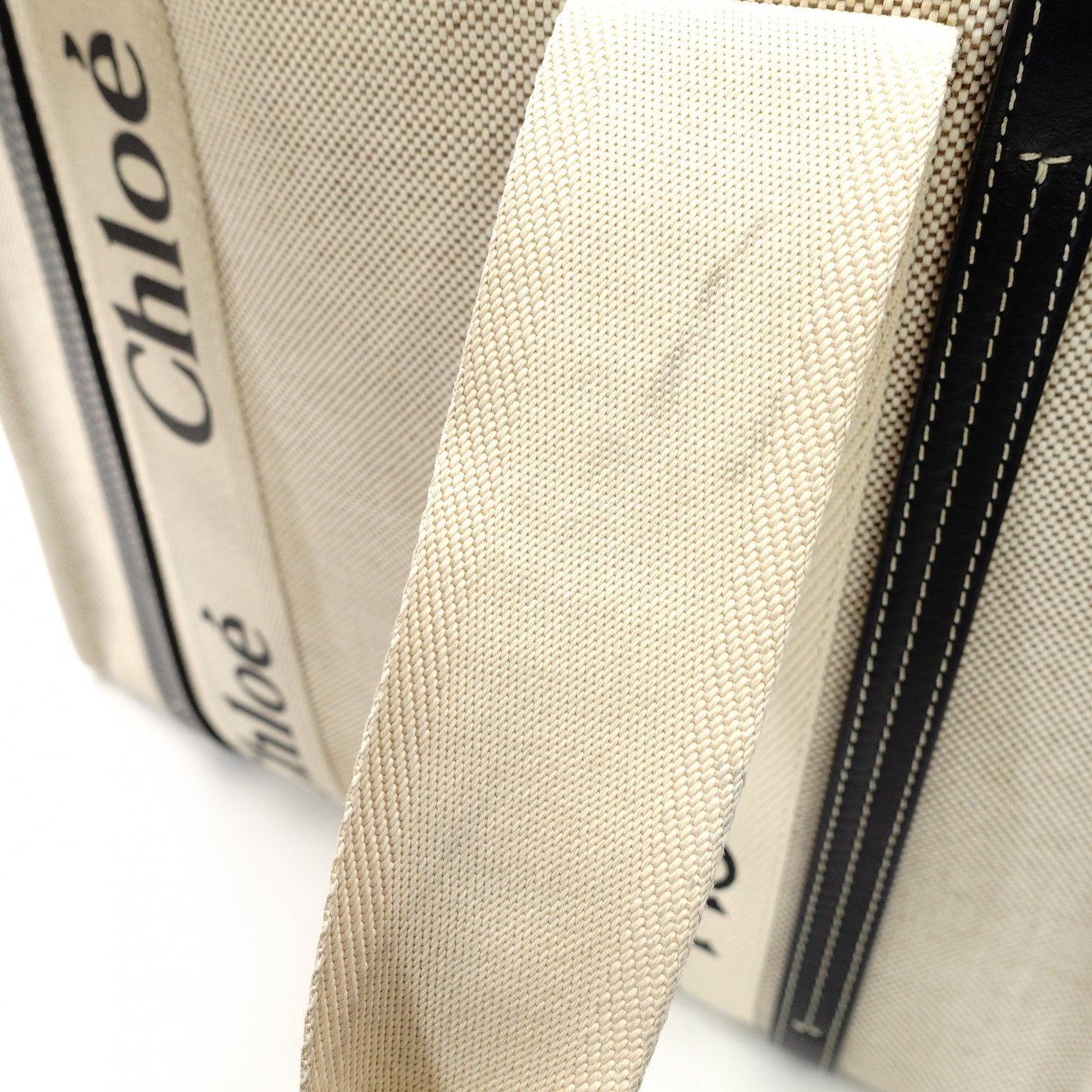 Chloe Woody Medium Tote Canvas Shoulder Bag Beige × Navy Leather 7-10-1054