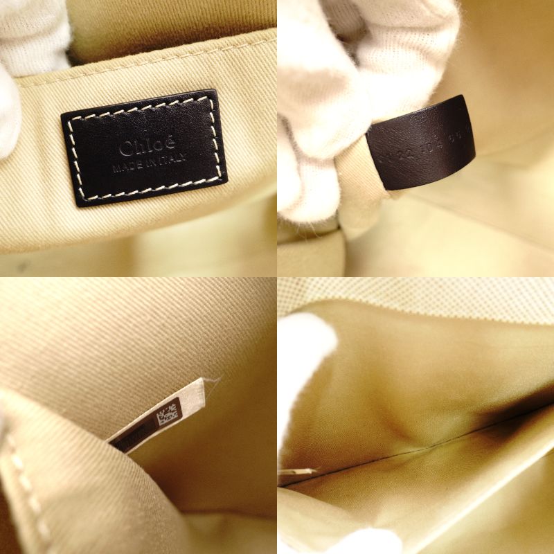 Chloe Woody Medium Tote Canvas Shoulder Bag Beige × Navy Leather 7-10-1054