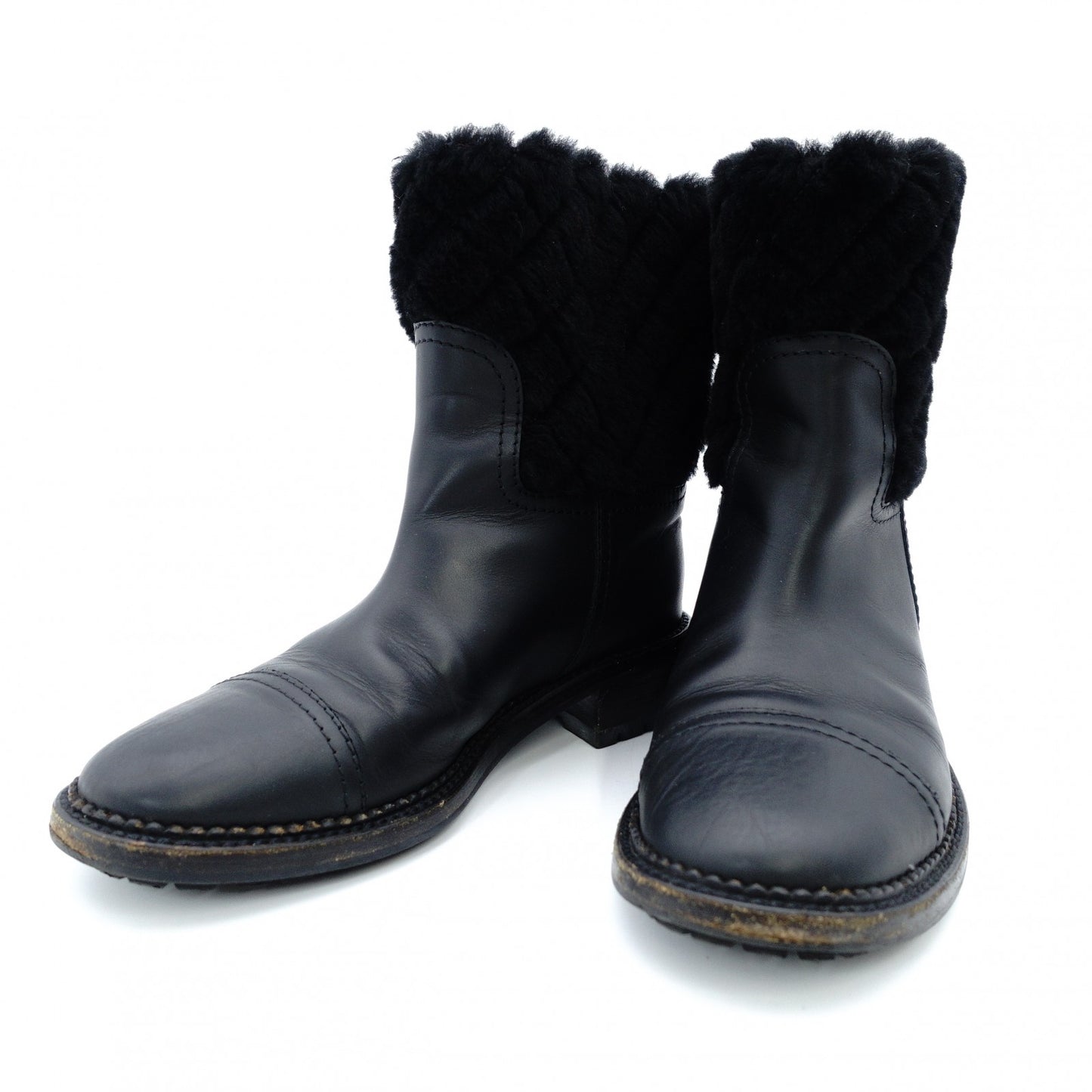 CHANEL Matelassé Mouton Boots Black Leather Boots Black Short Boots Size 37.5 Approx. 24.0–24.5cm 7-12-078