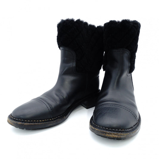 CHANEL Matelassé Mouton Boots Black Leather Boots Black Short Boots Size 37.5 Approx. 24.0–24.5cm 7-12-078