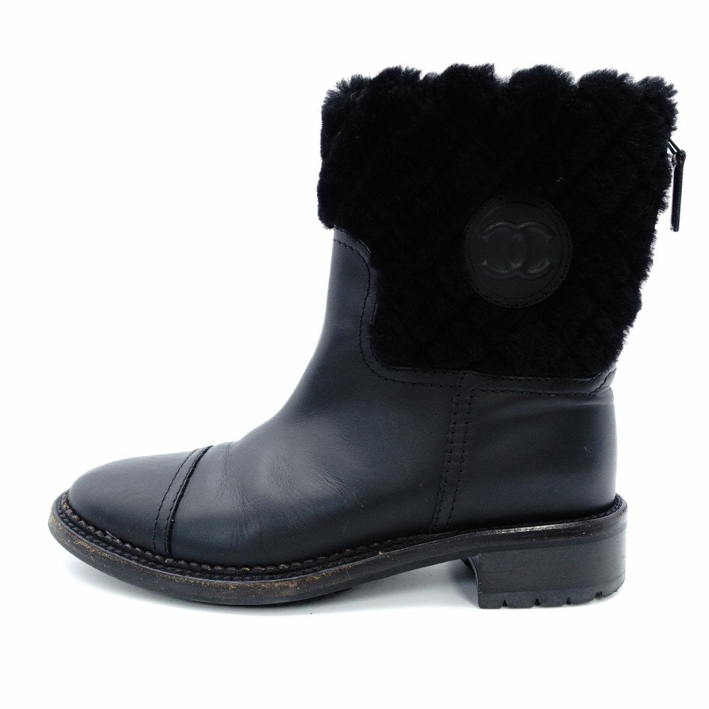 CHANEL Matelassé Mouton Boots Black Leather Boots Black Short Boots Size 37.5 Approx. 24.0–24.5cm 7-12-078