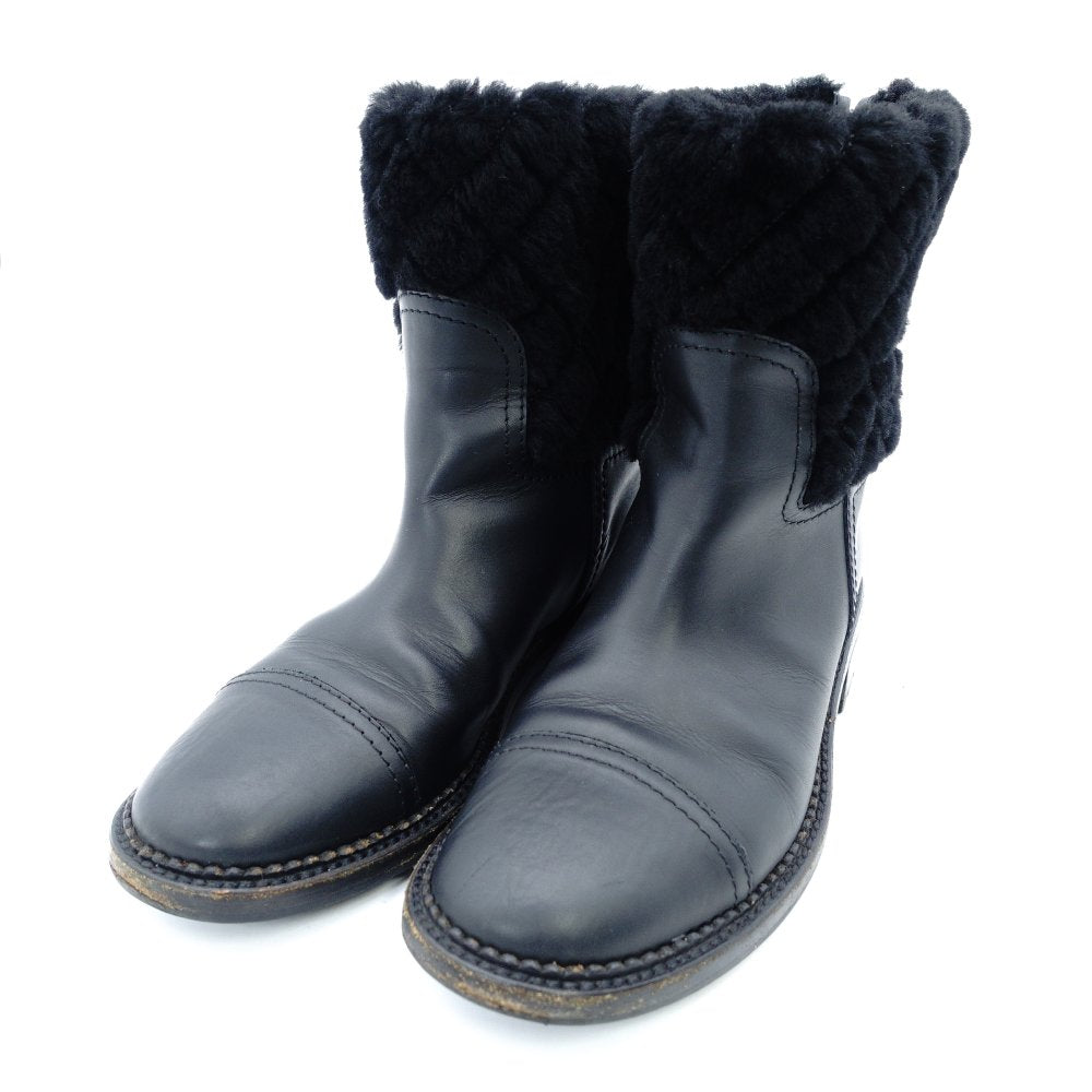 CHANEL Matelassé Mouton Boots Black Leather Boots Black Short Boots Size 37.5 Approx. 24.0–24.5cm 7-12-078