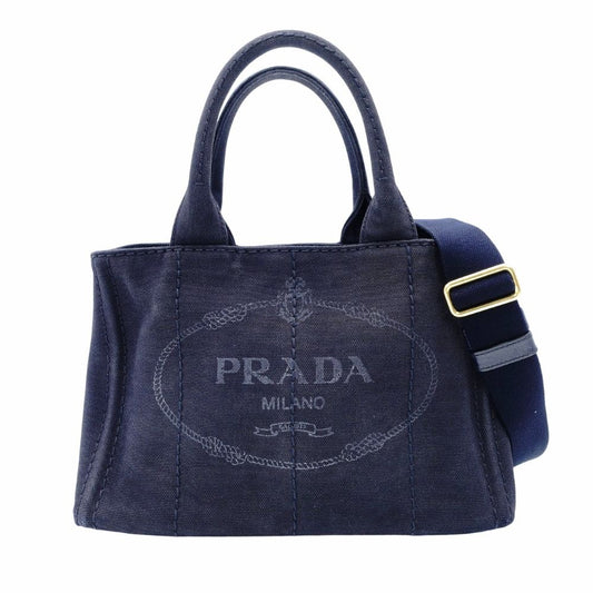 PRADA Canapa Tote Canvas Small Handbag Navy Denim 2-Way Shoulder 7-8-597