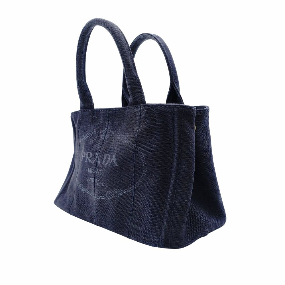 PRADA Canapa Tote Canvas Small Handbag Navy Denim 2-Way Shoulder 7-8-597