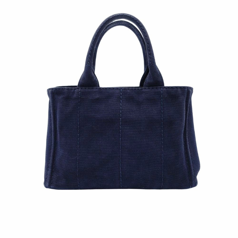 PRADA Canapa Tote Canvas Small Handbag Navy Denim 2-Way Shoulder 7-8-597