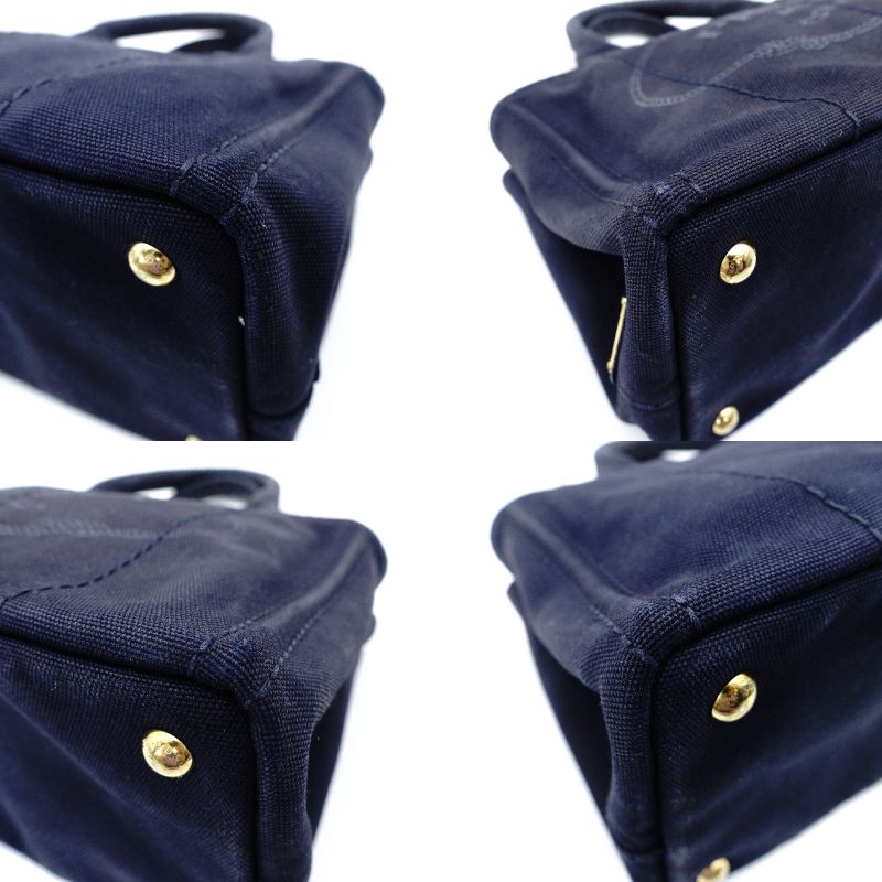 PRADA Canapa Tote Canvas Small Handbag Navy Denim 2-Way Shoulder 7-8-597