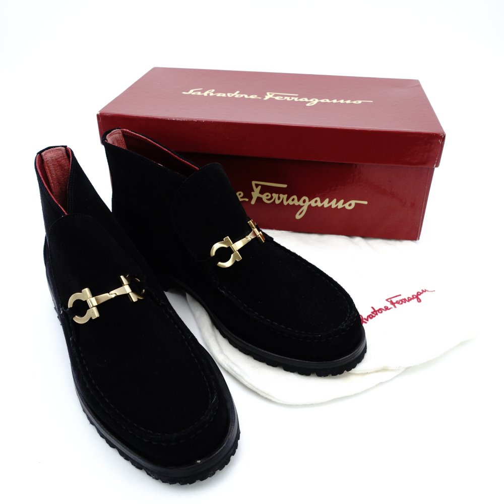 Unused Salvatore Ferragamo Gancini Shoes 6.5 Women's Short Boots Black Suede Black 7-12-291