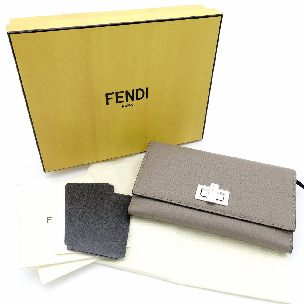 FENDI Celeria Peekaboo Long Wallet Leather Beige Silver Hardware With Box 7-11-416