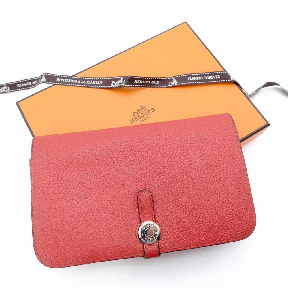 HERMES Dogon GM Long Wallet Red-Tone Leather T-Stamp Silver Hardware Red Wallet Women's 7-12-151