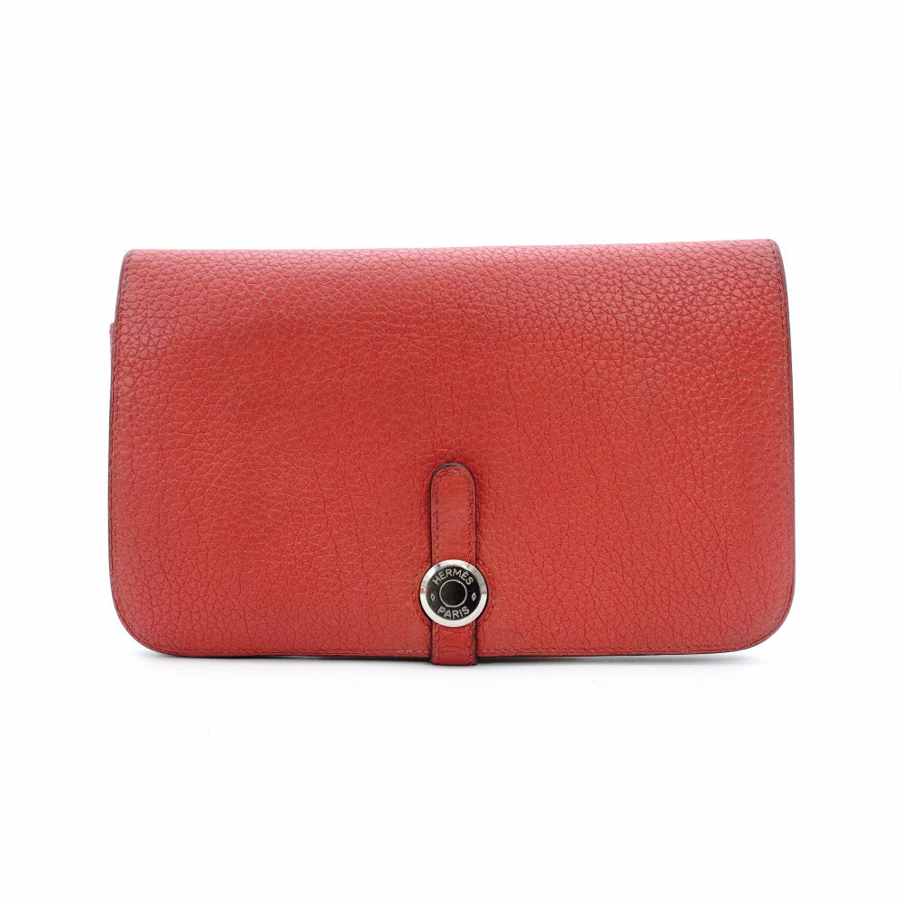 HERMES Dogon GM Long Wallet Red-Tone Leather T-Stamp Silver Hardware Red Wallet Women's 7-12-151