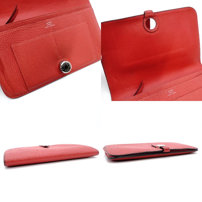 HERMES Dogon GM Long Wallet Red-Tone Leather T-Stamp Silver Hardware Red Wallet Women's 7-12-151