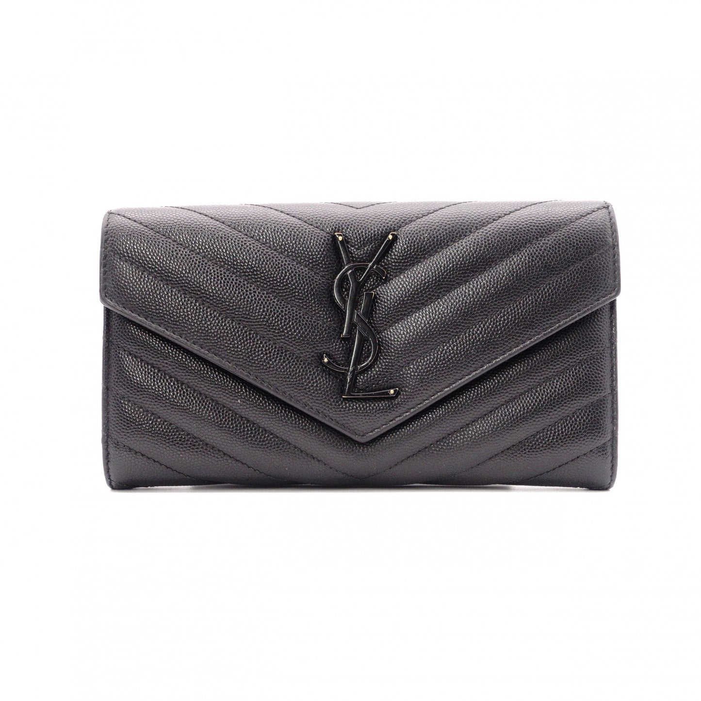 YVES SAINT LAURENT Cassandra Long Wallet, Chevron Leather, Black, Women's