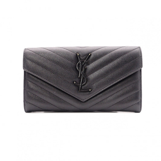 YVES SAINT LAURENT Cassandra Long Wallet, Chevron Leather, Black, Women's