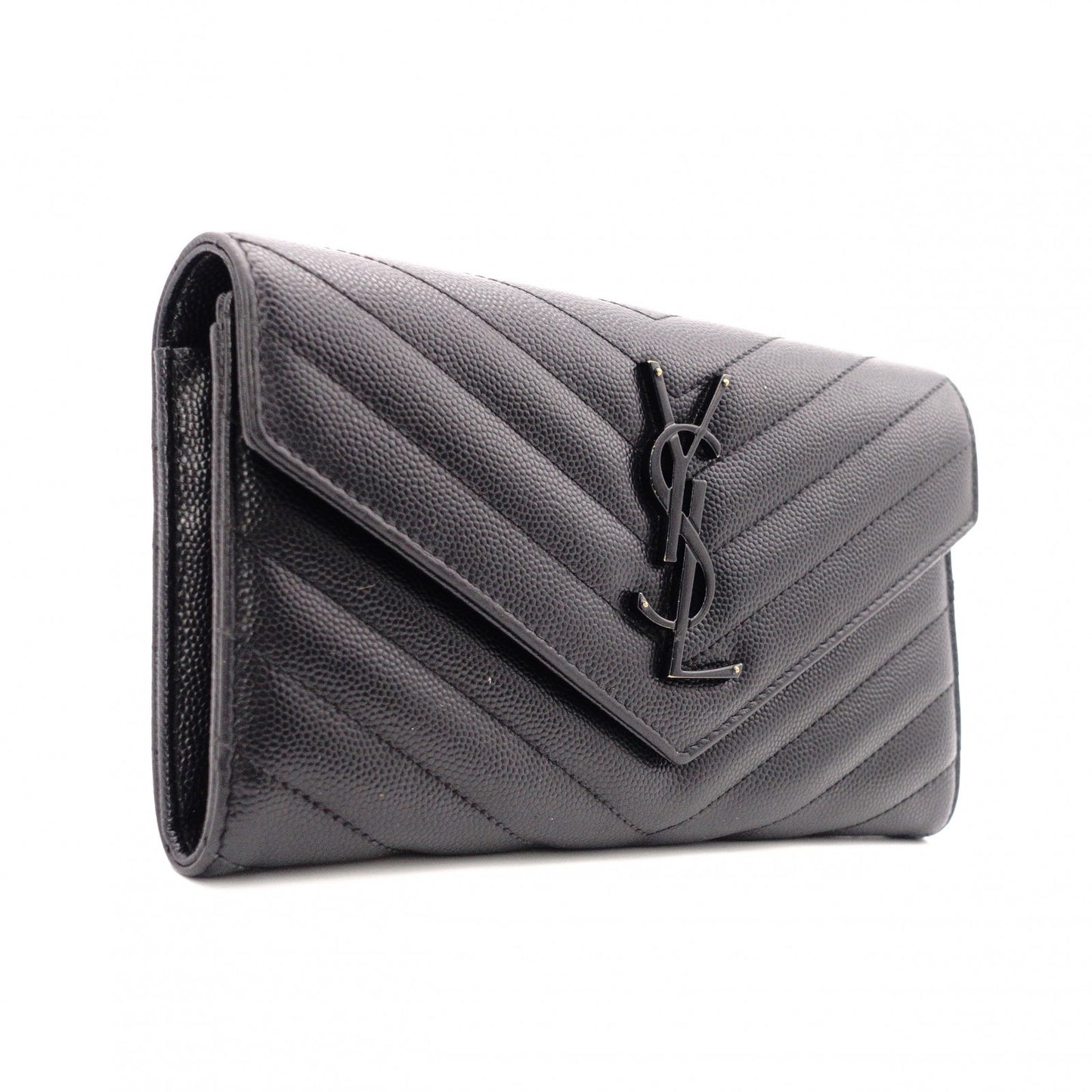 YVES SAINT LAURENT Cassandra Long Wallet, Chevron Leather, Black, Women's