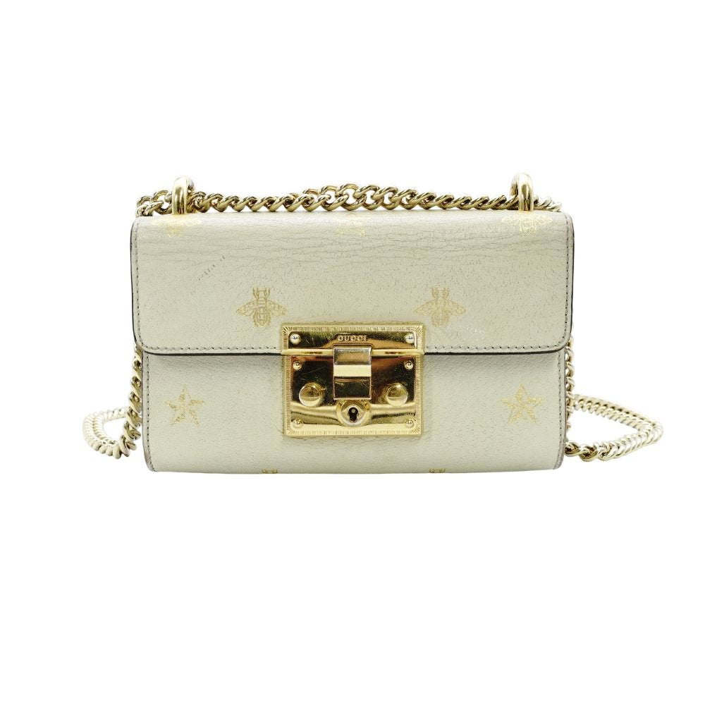 GUCCI Padlock Beestars Chain Shoulder Bag Beige Leather Crossbody 7-10-703