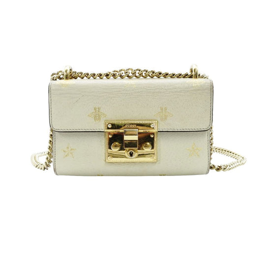 GUCCI Padlock Beestars Chain Shoulder Bag Beige Leather Crossbody 7-10-703