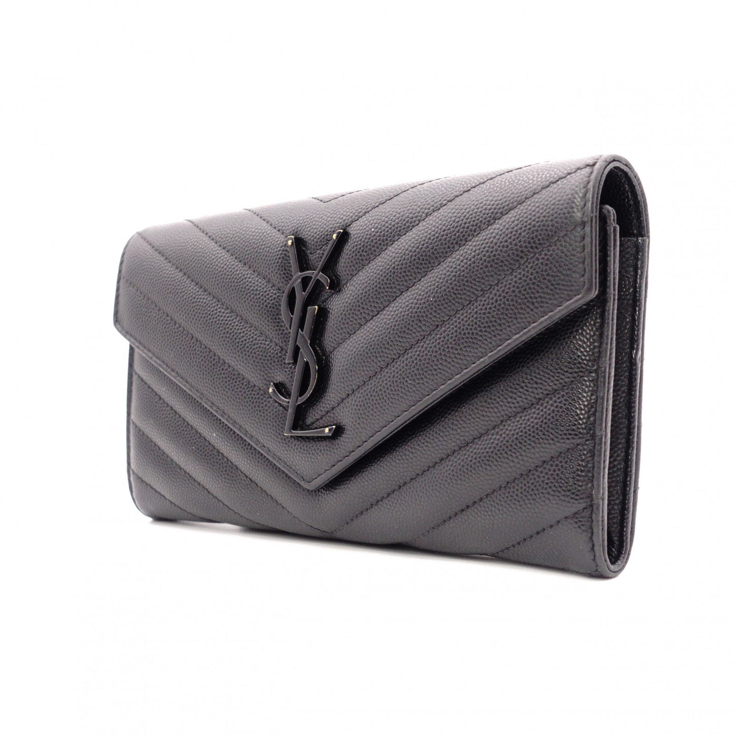 YVES SAINT LAURENT Cassandra Long Wallet, Chevron Leather, Black, Women's