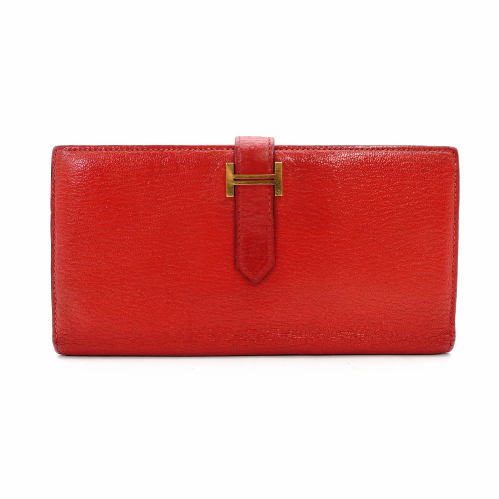 HERMES Veau Soufflé Long Wallet Red Leather Gold Hardware Red X-Stamped Wallet 7-12-282