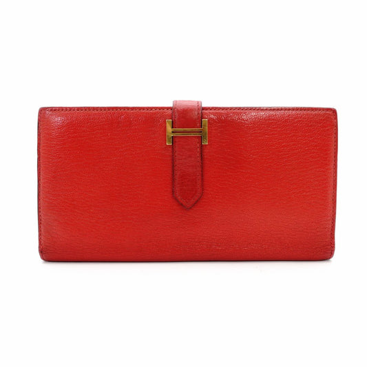 HERMES Veau Soufflé Long Wallet Red Leather Gold Hardware Red X-Stamped Wallet 7-12-282