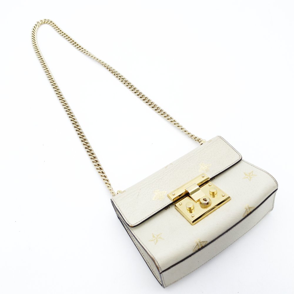 GUCCI Padlock Beestars Chain Shoulder Bag Beige Leather Crossbody 7-10-703