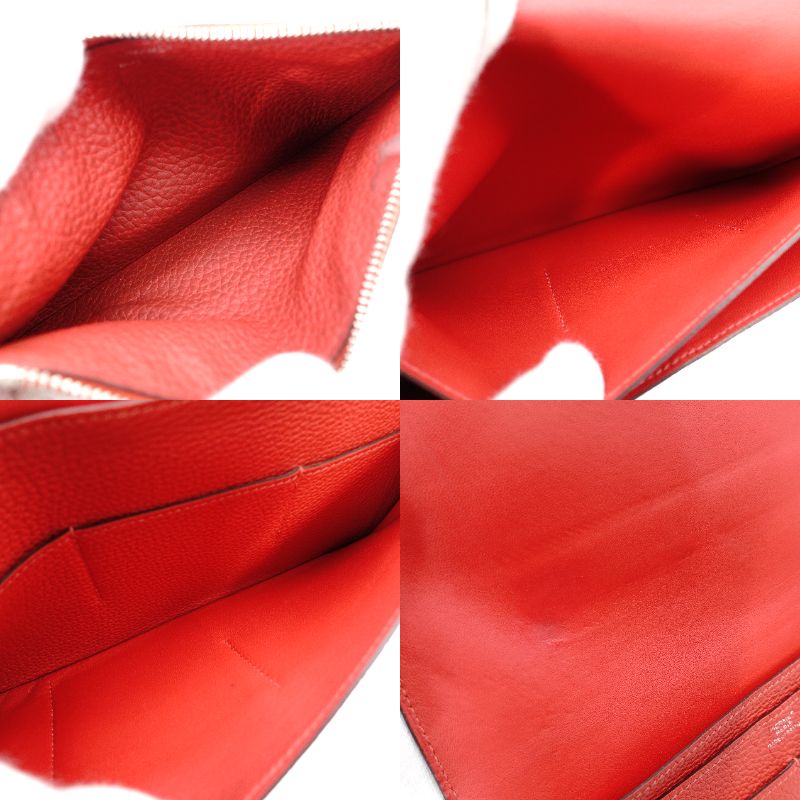 HERMES Dogon GM Long Wallet Red-Tone Leather T-Stamp Silver Hardware Red Wallet Women's 7-12-151