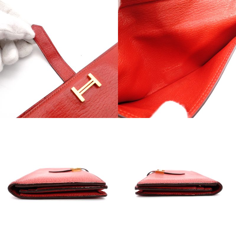 HERMES Veau Soufflé Long Wallet Red Leather Gold Hardware Red X-Stamped Wallet 7-12-282