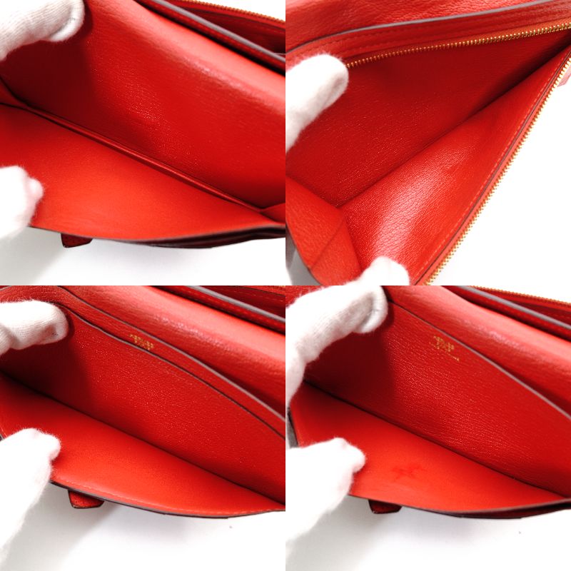 HERMES Veau Soufflé Long Wallet Red Leather Gold Hardware Red X-Stamped Wallet 7-12-282