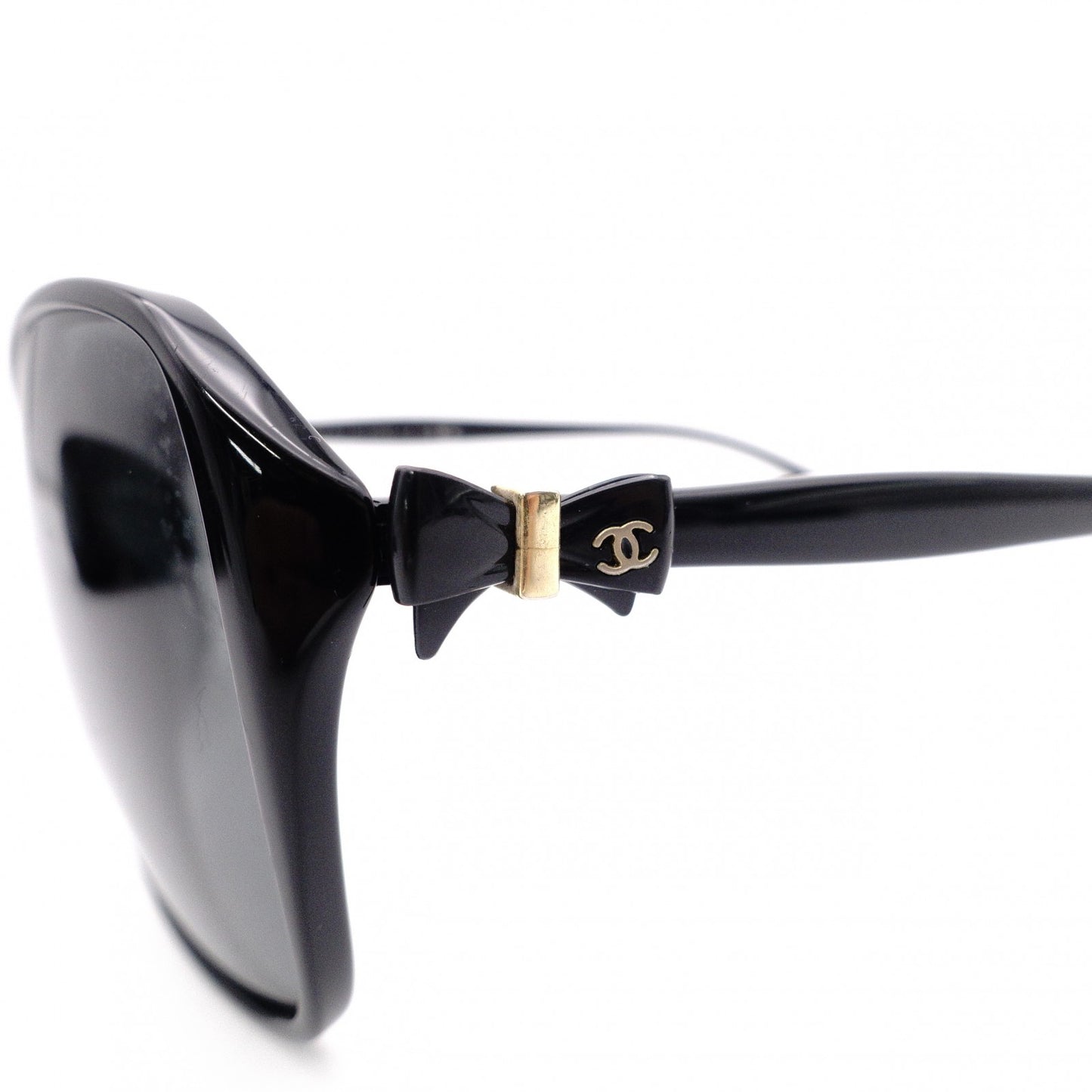 CHANEL Sunglasses, Plastic, Black, Ribbon, Gold Hardware