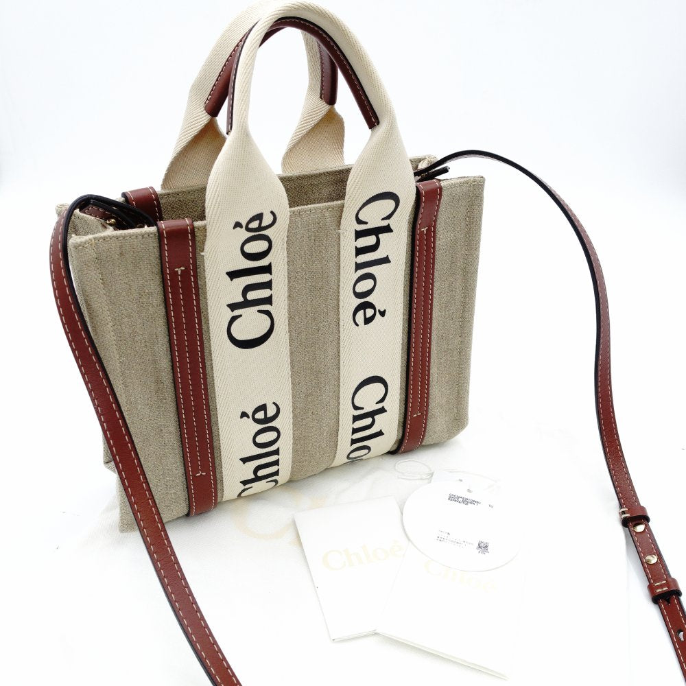 CHLOE Woody Small Handbag Beige × Brown 2-Way Shoulder Canvas Leather 7-12-178