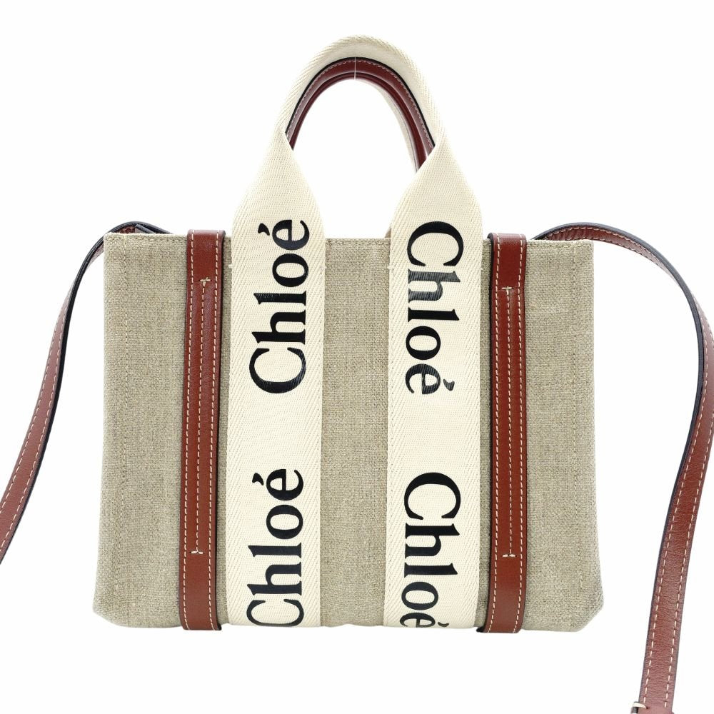 CHLOE Woody Small Handbag Beige × Brown 2-Way Shoulder Canvas Leather 7-12-178