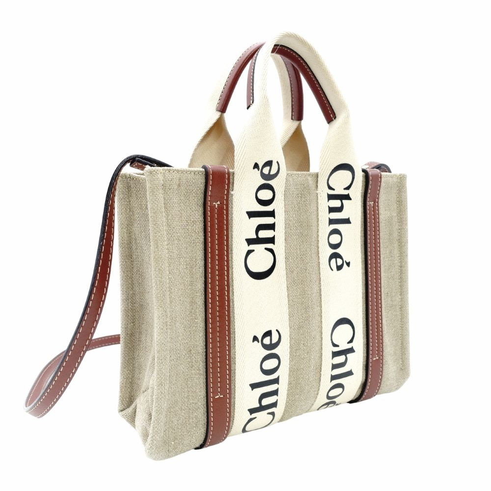 CHLOE Woody Small Handbag Beige × Brown 2-Way Shoulder Canvas Leather 7-12-178