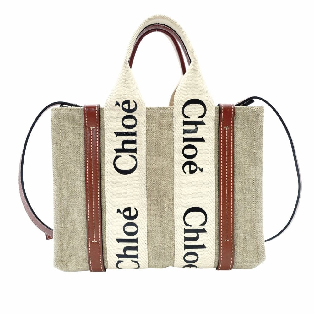 CHLOE Woody Small Handbag Beige × Brown 2-Way Shoulder Canvas Leather 7-12-178